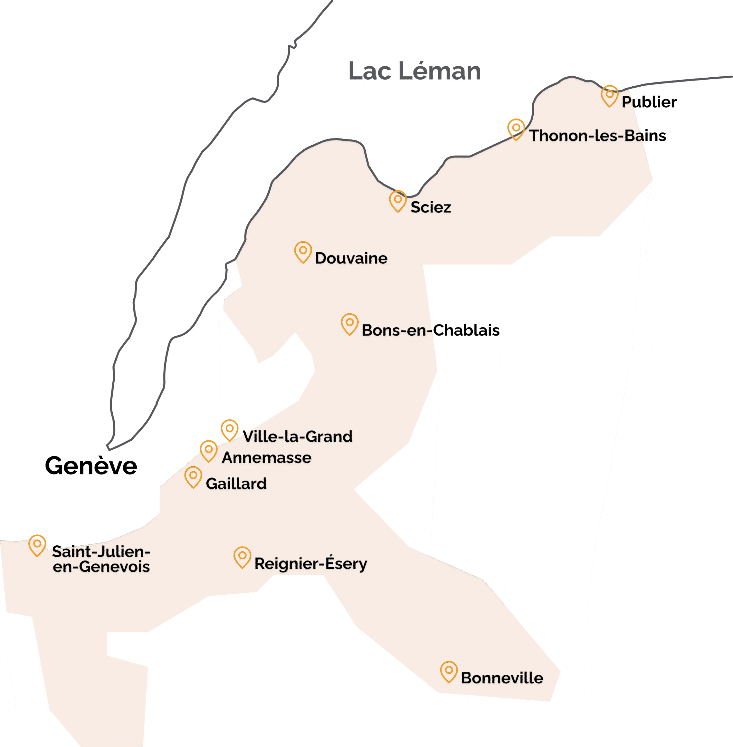 Les communes accompagnées par IBG, de Saint-Julien-en-Genevois à Thonon-les-Bains et de Bonneville à Publier