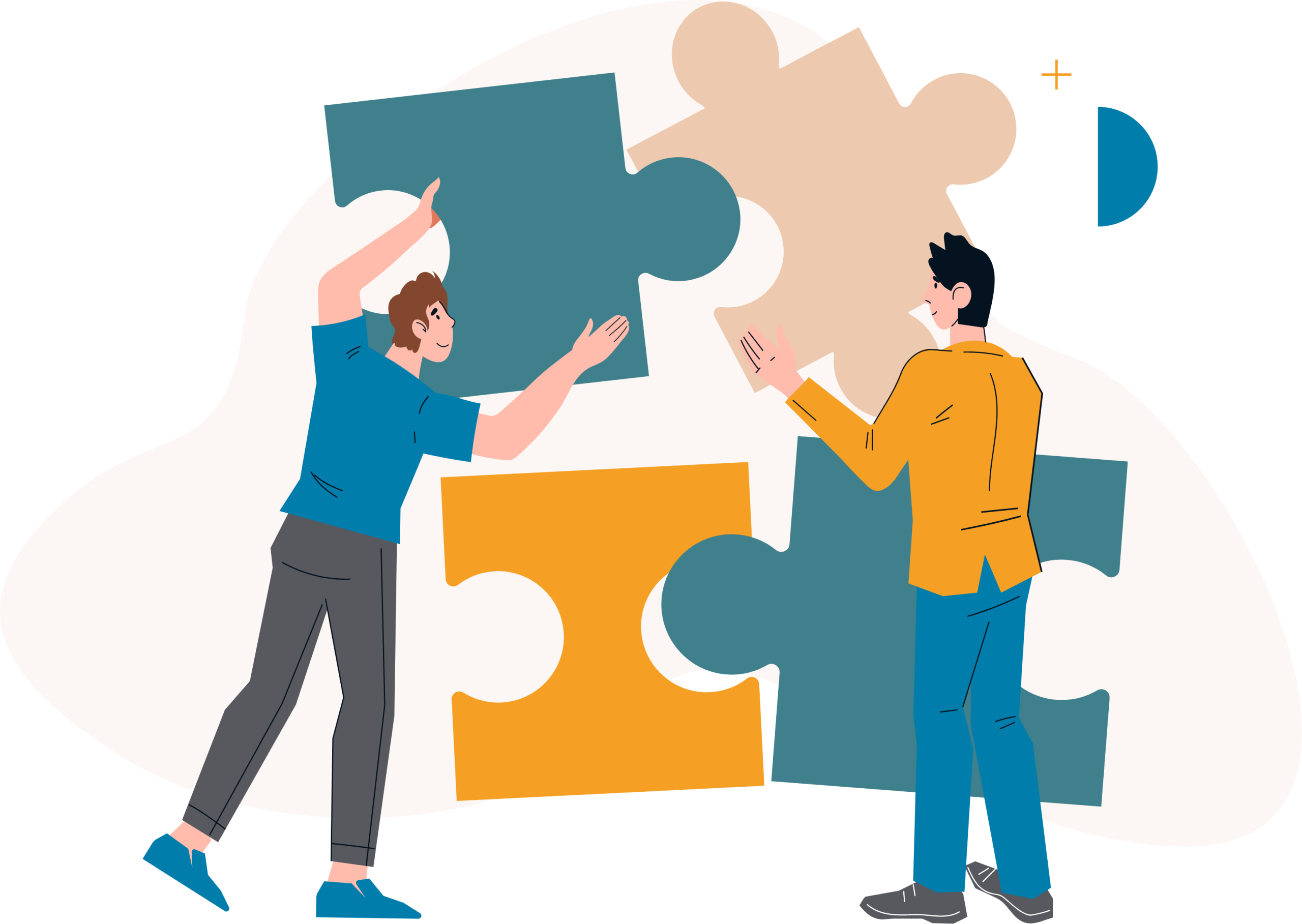 Deux personnes assemblent de grandes pièces de puzzle.